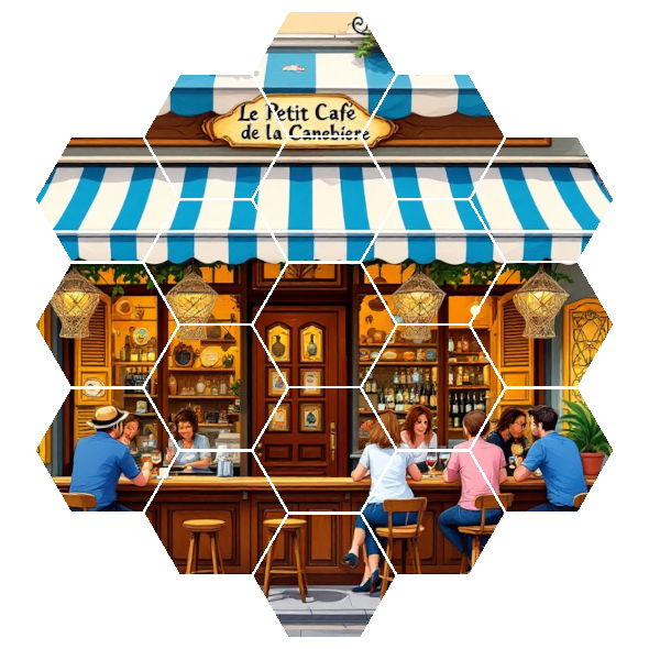 An AI generated illustration of a typical bar in Marseille with the bar's name reading Le petit café de la Cannebière