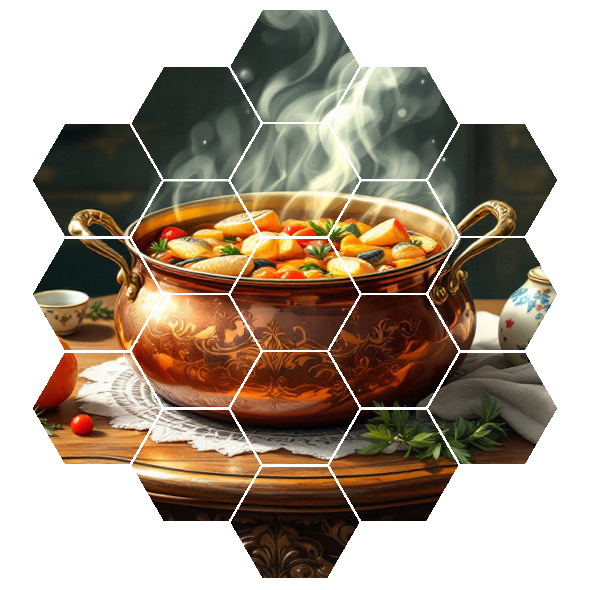 An AI generated illustration of a bouillabaise in a copper pot